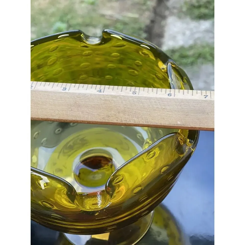 Bischoff Gold Footed Bubbles Compote Bowl Pinched Edge Art Glass Amber Pedestal‎